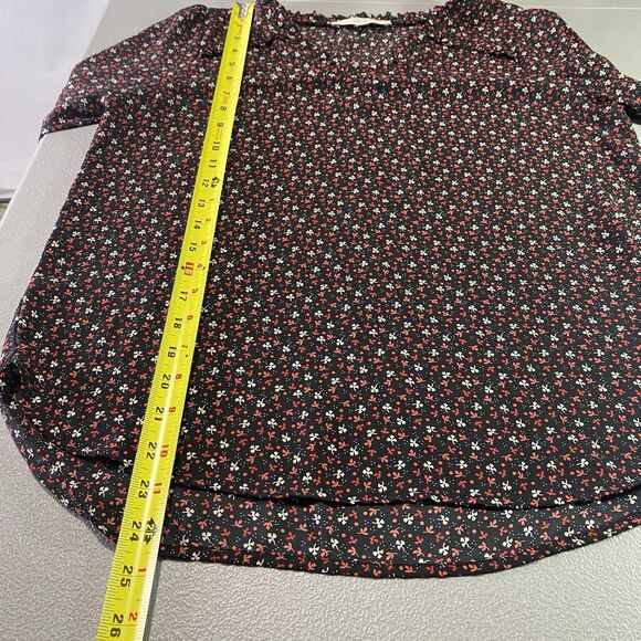 LOFT Blouse Floral Ruffle Trim V-Neck Puff Long Sleeve Pleated Womens S Black - Picture 7 of 13